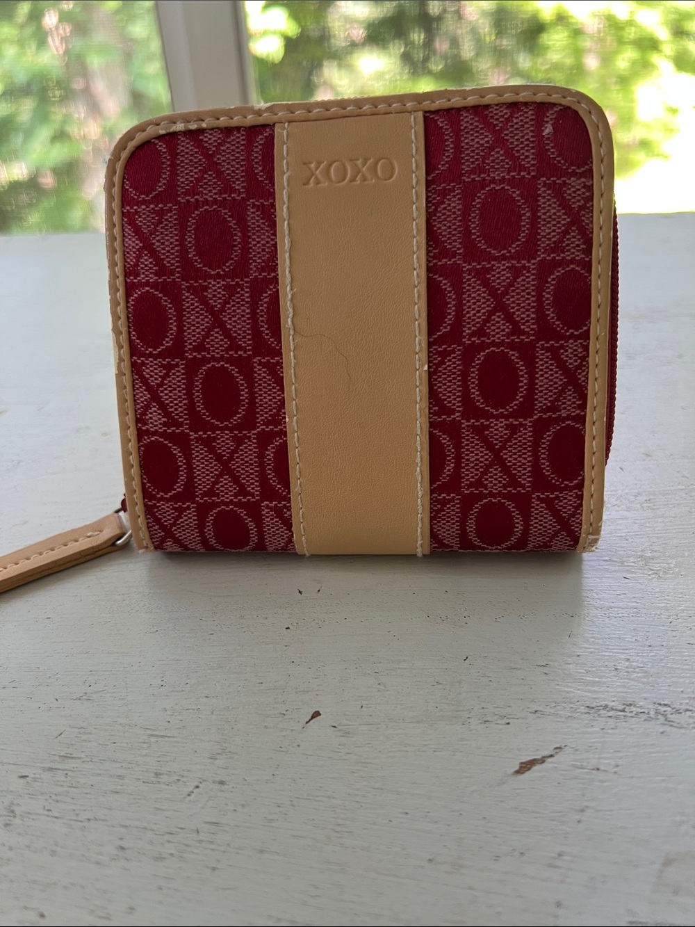 XOXO Red Monogram Zip Wallet with Tan Trim